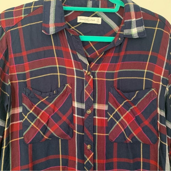 Abercrombie and Fitch navy and red plaid button down shirt M - Picture 2 of 5